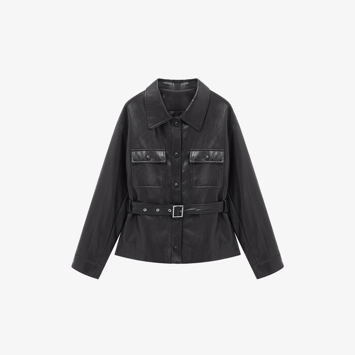 Damen Lederjacke im Oversize-Utility-Stil mit Taillengürtel Drune