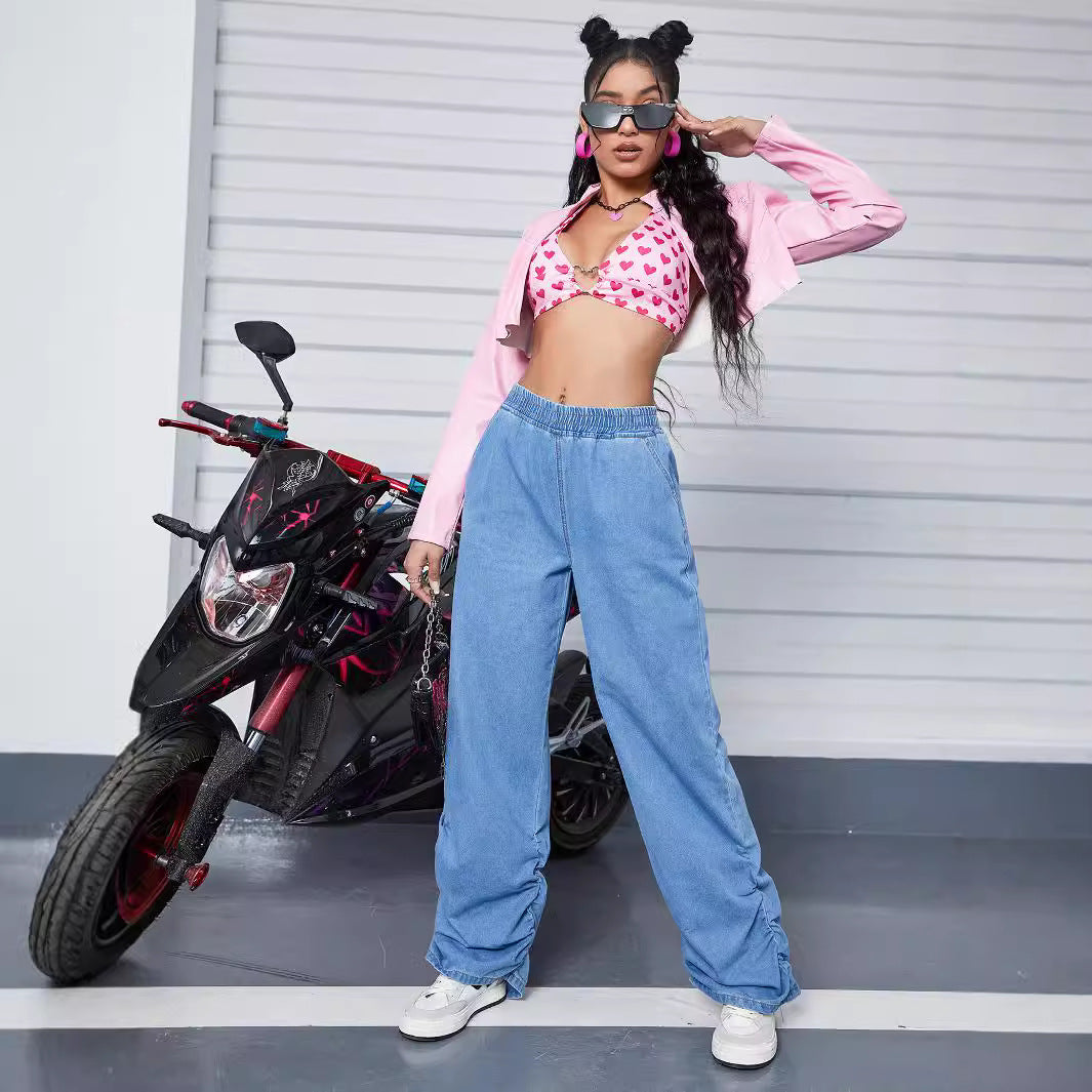 Damen Weite Denim-Hose mit elastischem Bund und gerafften Säumen Drune