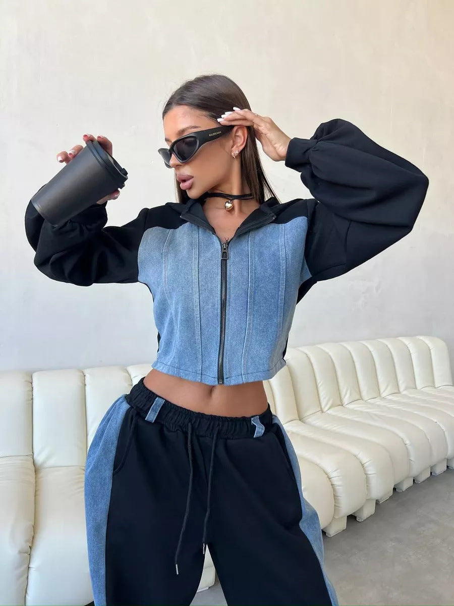 Damen cropped Sweatjacke mit ballonförmigen Ärmeln und Jogginghose Set Drune