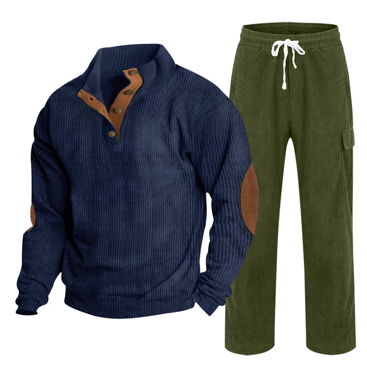 Herren Gemütliches Freizeit-Set aus Waffelstrick-Henley mit Ellenbogenpatch und Relax-Cargo-Hose Drune