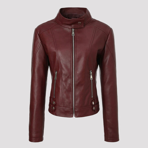 Damen Modische Kunstlederjacke mit Reißverschluss und seitlichen Taschen Drune