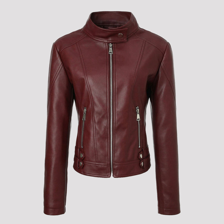 Damen Modische Kunstlederjacke mit Stehkragen Drune