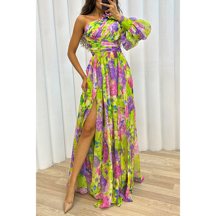 Damen Maxikleid mit asymmetrischem Schnitt und floralen Applikationen Drune