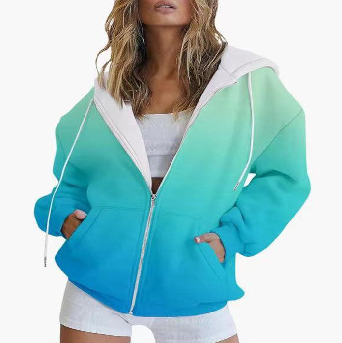 Damen Oversize-Kapuzenjacke mit Farbverlauf, Reißverschluss und Kängurutaschen Drune