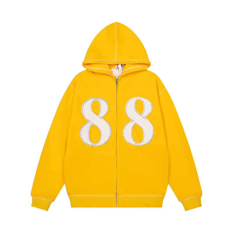 Unisex Oversize-Kapuzenjacke mit durchgehendem Reißverschluss und Ziffern-Applikationen Drune