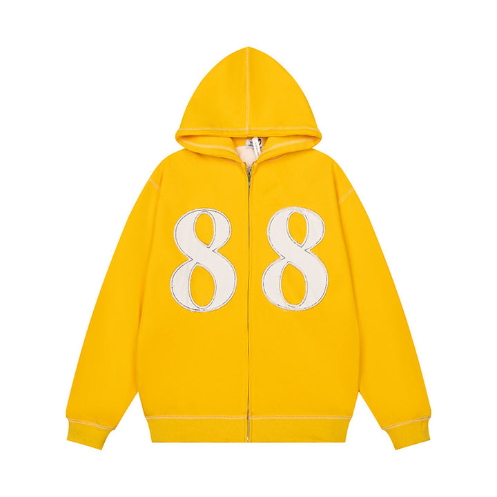 Unisex Oversize-Kapuzenjacke mit durchgehendem Reißverschluss und Ziffern-Applikationen Drune