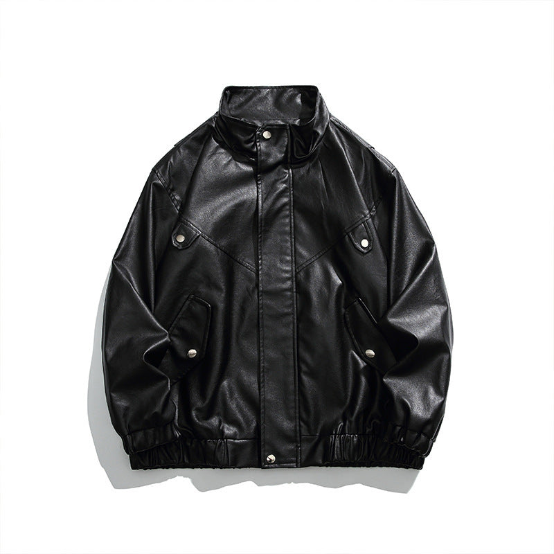 Herren Boxy Kunstleder-Blousonjacke mit Stehkragen Druckknopfblende und elastischem Saum Drune