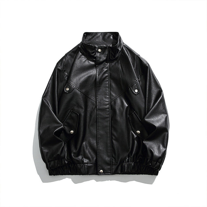 Herren Boxy Kunstleder-Blousonjacke mit Stehkragen Druckknopfblende und elastischem Saum Drune