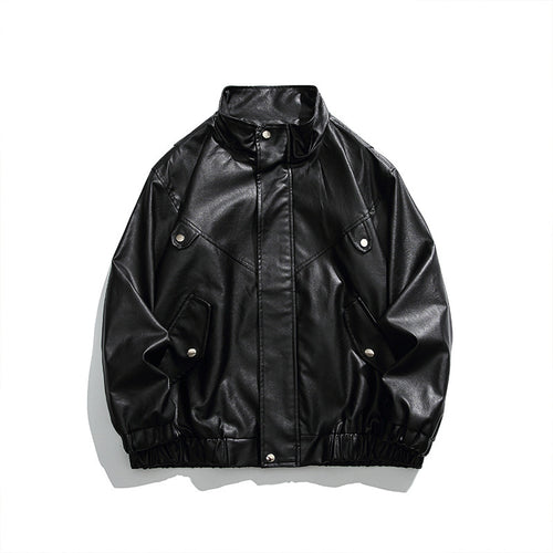 Herren Boxy Kunstleder-Blousonjacke mit Stehkragen Druckknopfblende und elastischem Saum Drune