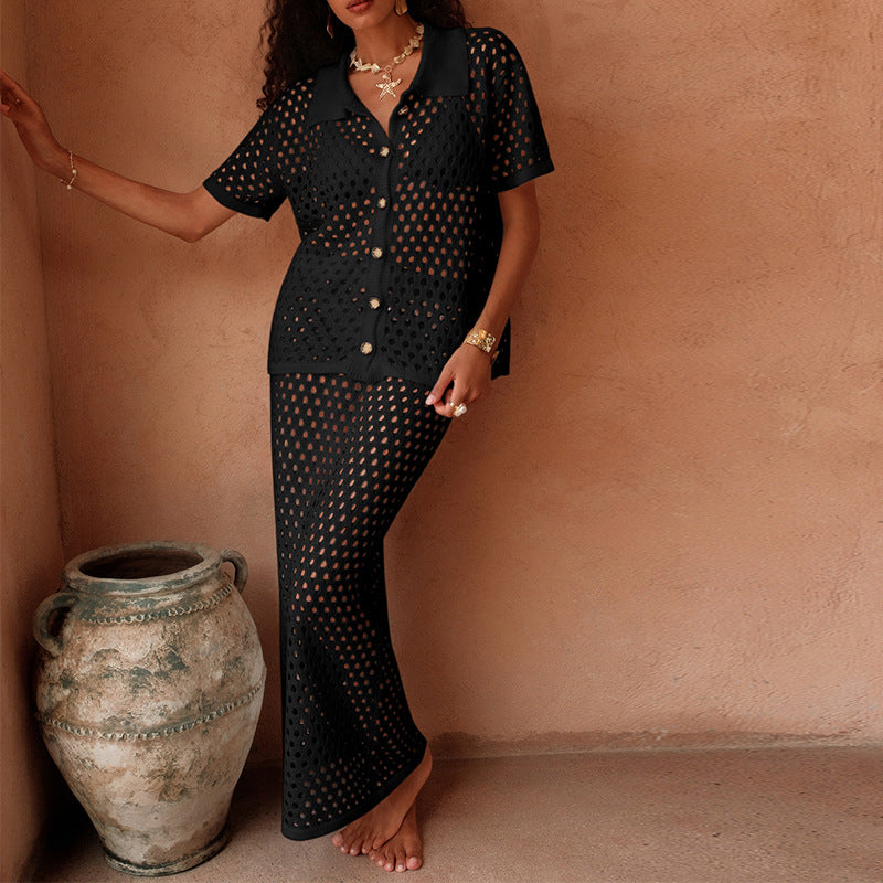 Damen Netz-Outfit mit dekorativer Knopfleiste und Elegantem Schnitt Drune