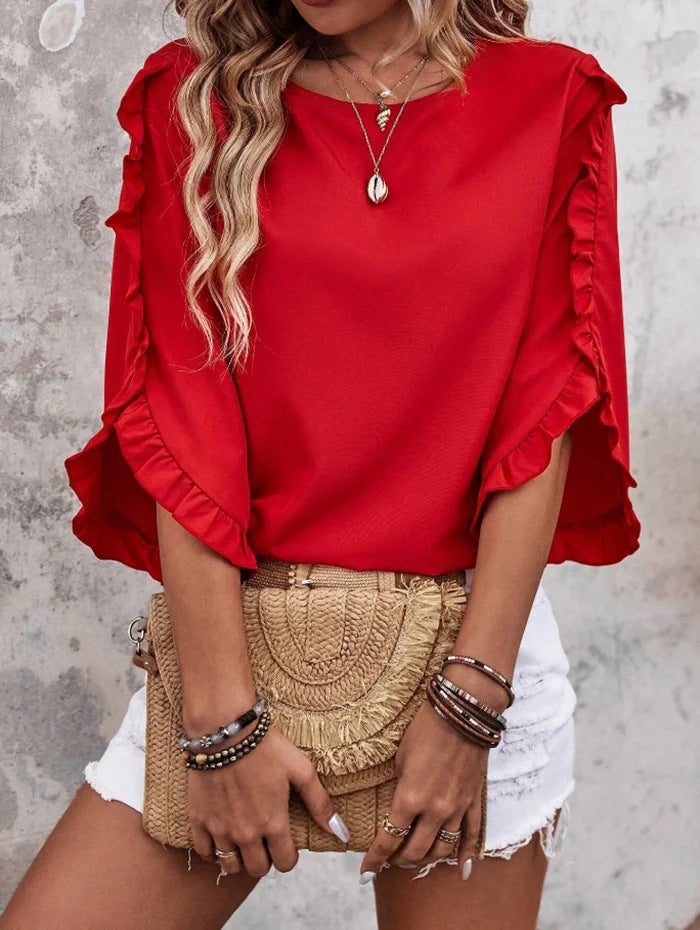 Damen Leichtes Rüschen‑Cape‑Top mit weitem Fledermausärmel Drune