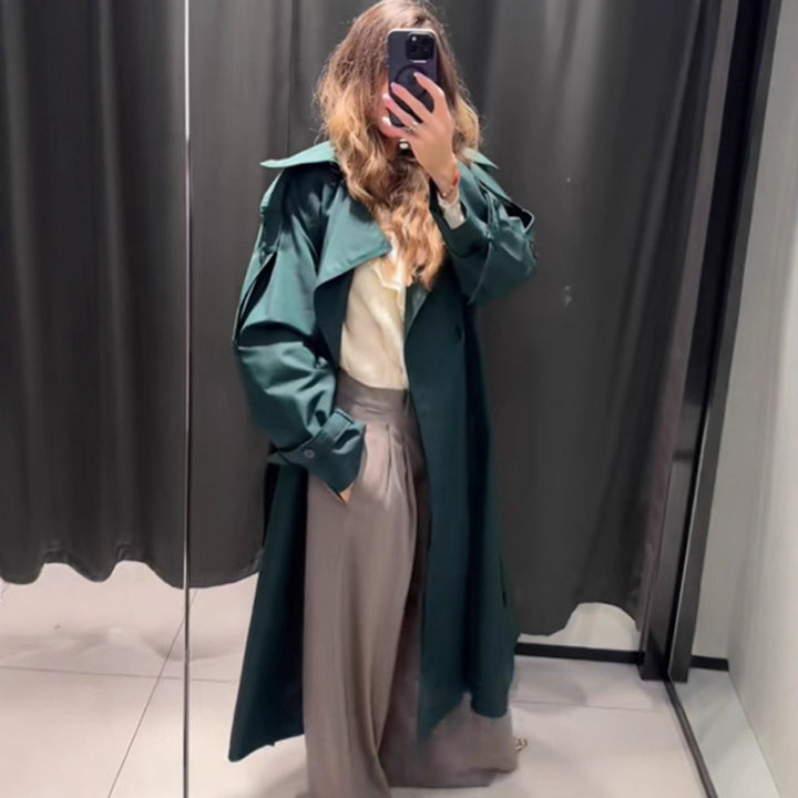 Damen Langer wasserabweisender Trenchcoat mit Taillengürtel und hohem Stehkragen Drune