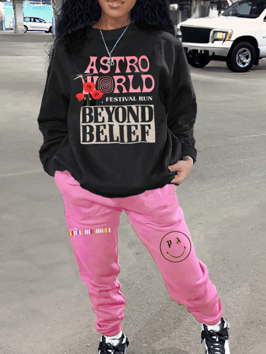 Damen Lange Ärmel T-Shirt und lockere Jogginghose Set mit auffälligem Grafikdesign Drune