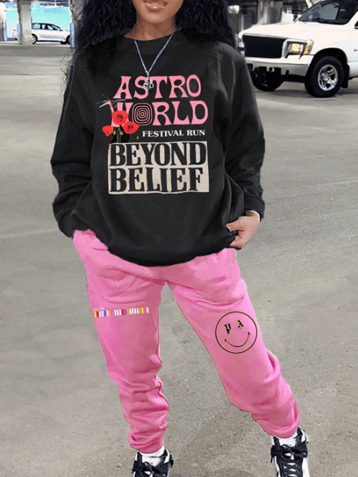 Damen Lange Ärmel T-Shirt und lockere Jogginghose Set mit auffälligem Grafikdesign Drune