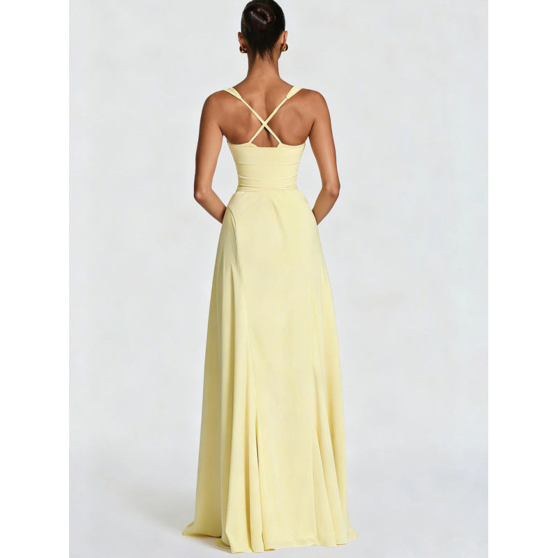 Damen Elegantes Maxikleid mit fein gerafftem Oberteil und Spaghettiträgern Drune