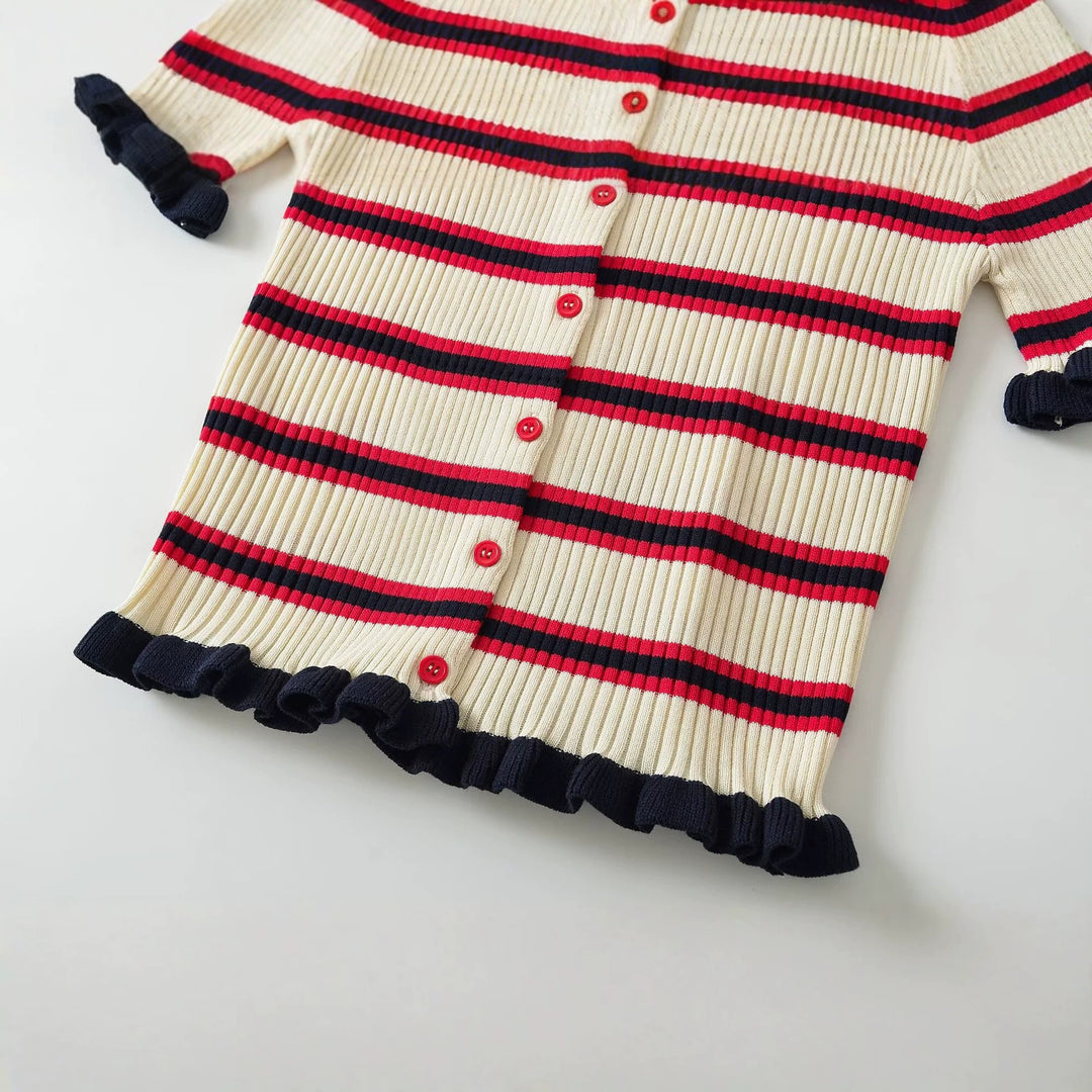 Damen Gerippte Kurzarm-Polokragen-Strickjacke mit Volantbündchen Drune