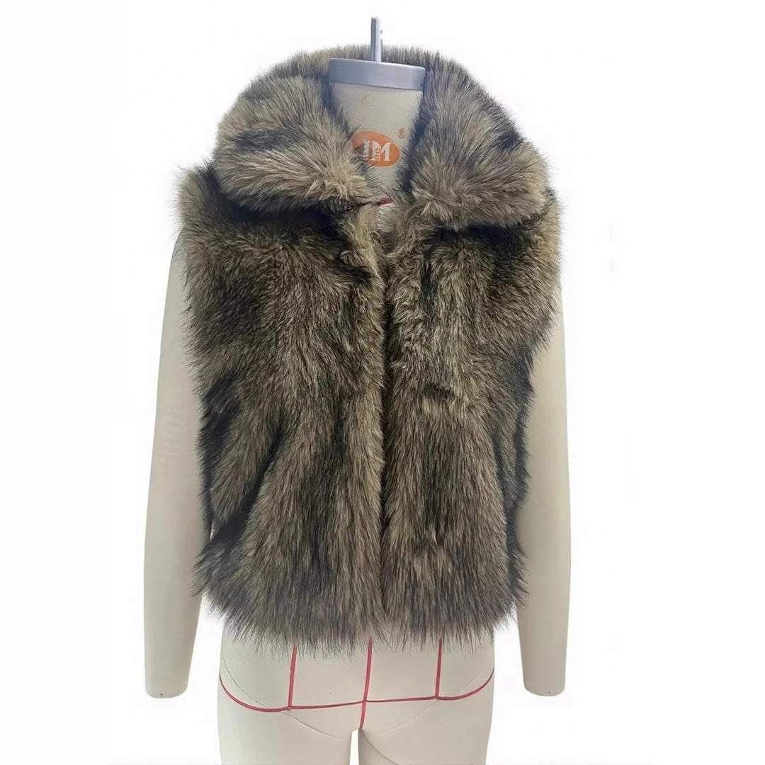 Damen nan luxuriöse Kunstfell-Weste mit voluminösem Schalkragen und verkürzter Silhouette Drune