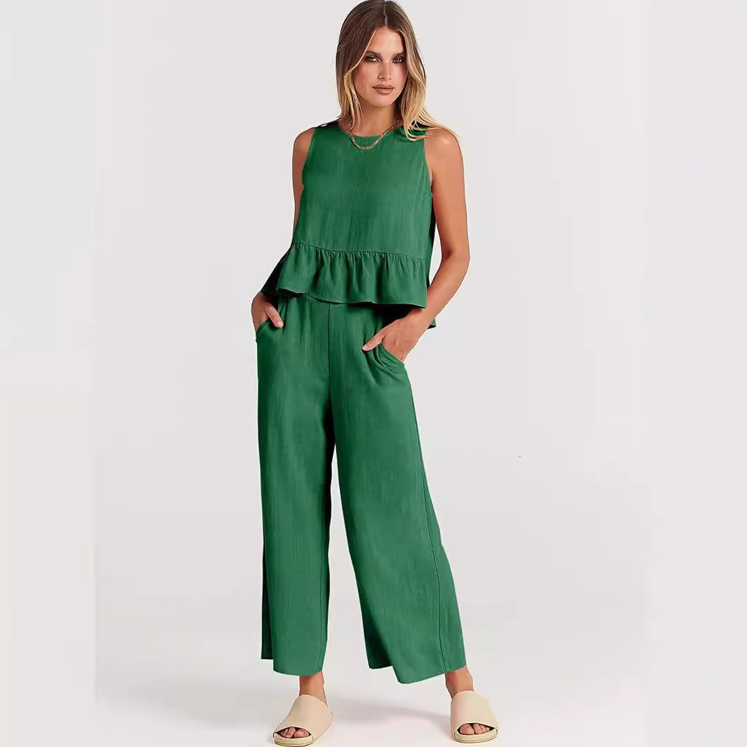 Damen Zweiteiler-Set mit schickem Peplum-Oberteil und weit geschnittenen Hosen Drune