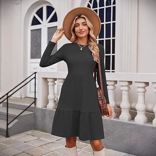 Damen Midikleid mit Rippstruktur und voluminösem Rock Drune