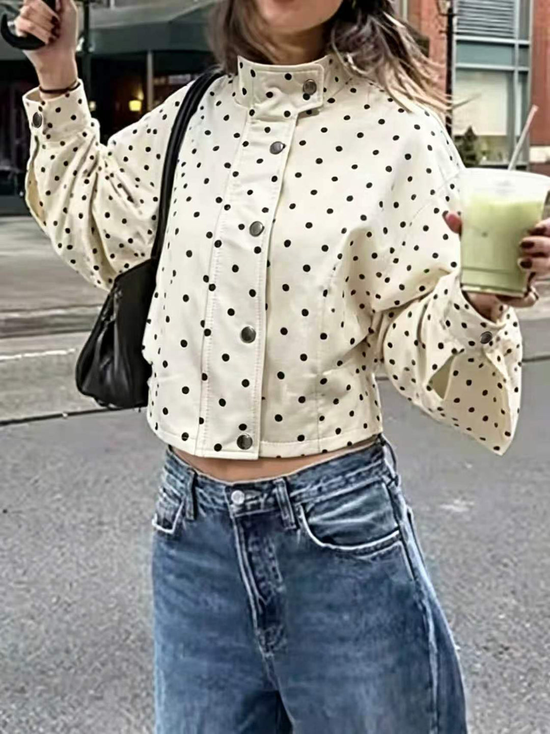 Damen Kurzjacke mit Stehkragen und Voluminösen Ballonärmeln Drune