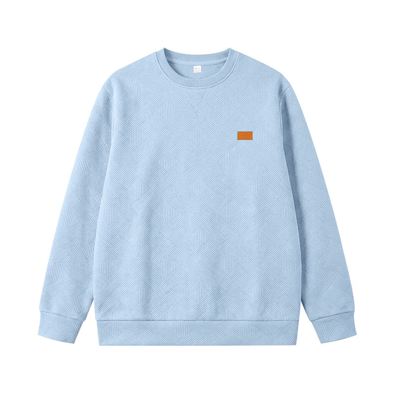 Unisex Texturierter Baumwoll-Crewneck-Sweatshirt mit Rautenstruktur und Lederpatch Drune