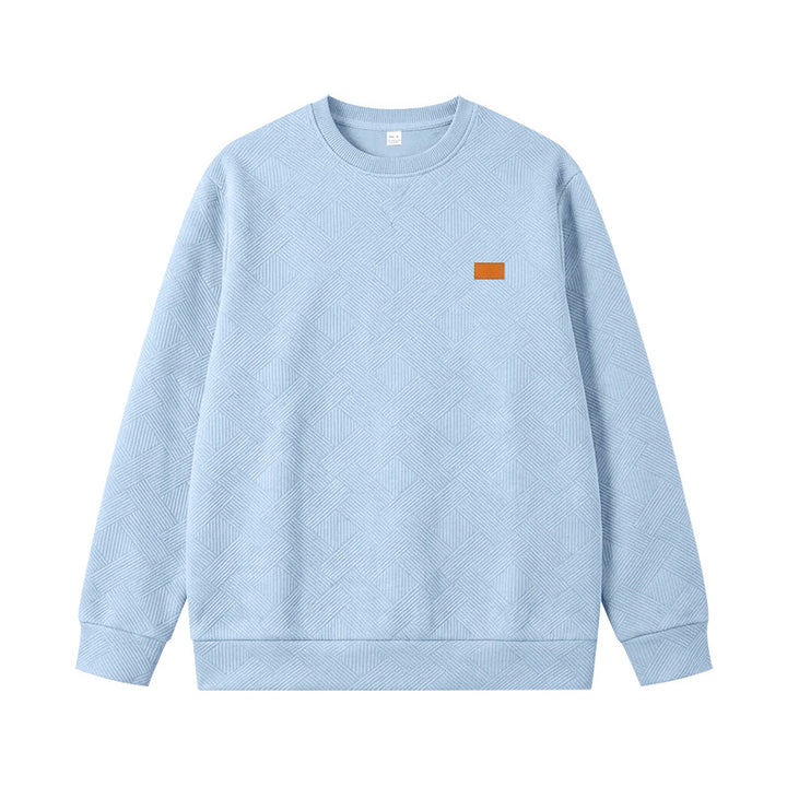 Unisex Texturierter Baumwoll-Crewneck-Sweatshirt mit Rautenstruktur und Lederpatch Drune