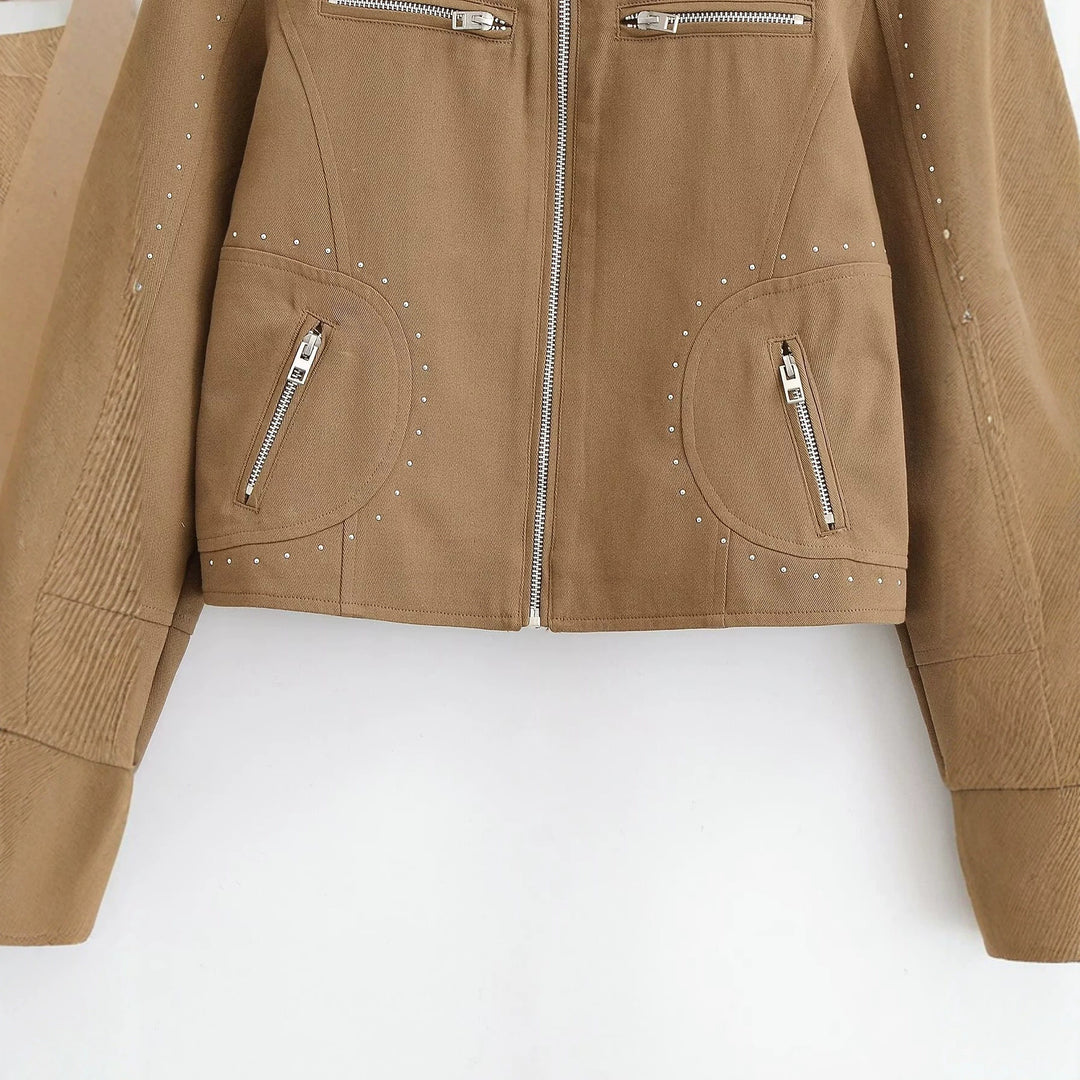 Damen Kurze Bikerjacke aus Wildlederimitat mit Nietenbesatz und Stehkragen Drune