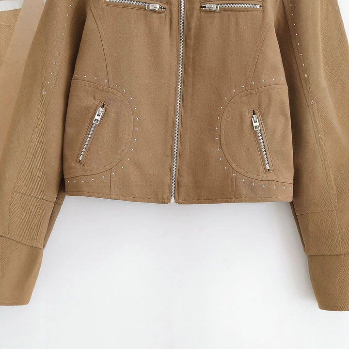 Damen Kurze Bikerjacke aus Wildlederimitat mit Nietenbesatz und Stehkragen Drune