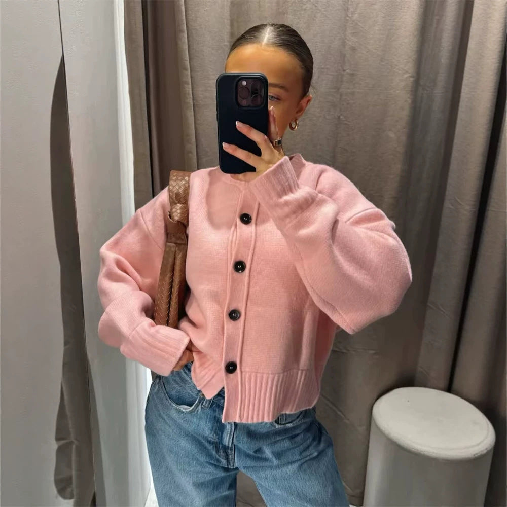 Damen Kurze Boxy-Strickjacke mit großer Knopfleiste, geripptem Saum & Volumenärmeln Drune