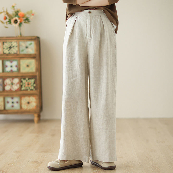 Damen weite Leinenhose mit eleganter Bundfalte und Taschen Drune