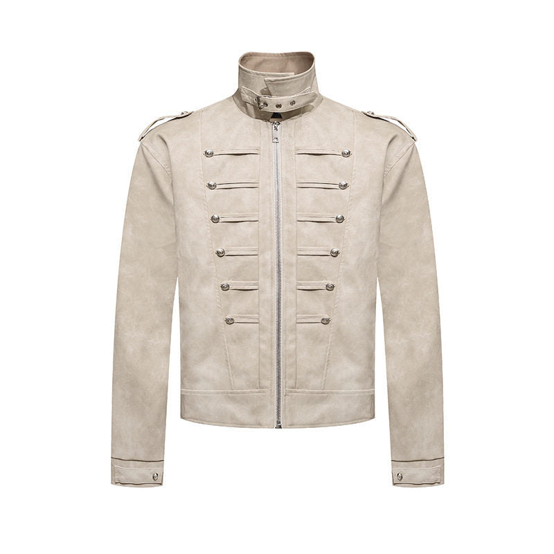Herren Kurzjacke im Military-Marching‑Look aus Velourslederimitat mit Stehkragen & Zierknöpfen Drune