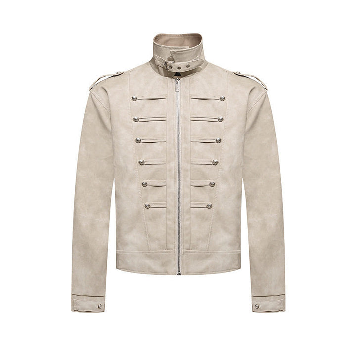 Herren Kurzjacke im Military-Marching‑Look aus Velourslederimitat mit Stehkragen & Zierknöpfen Drune