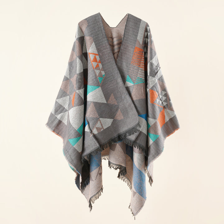 Damen Oversize-Ruana im Jacquard-Wickelstil mit dreieckigem Muster und Fransensaum Drune
