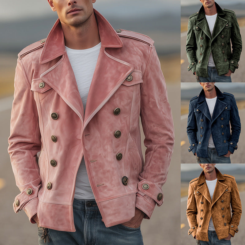 Herren Doppelreihige Wildlederjacke im Aviator‑Stil mit Epauletten Drune
