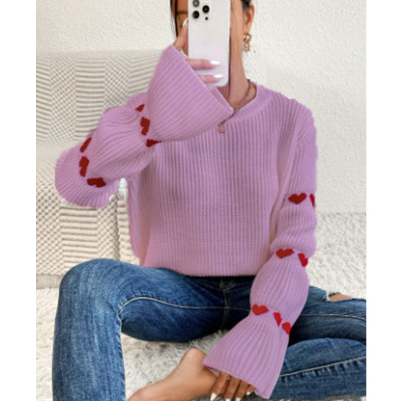 Damen Strickpullover mit Herz-Applikationen und weitem Ärmel Drune