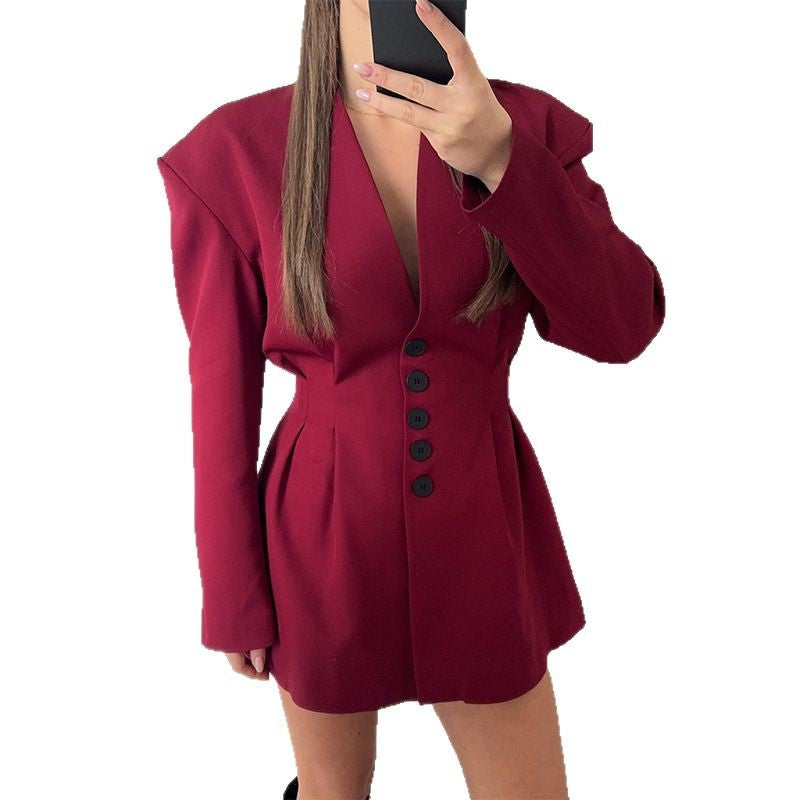Damen trendiges Blazer-Kleid mit strukturierten Schultern und tiefem V-Ausschnitt Drune