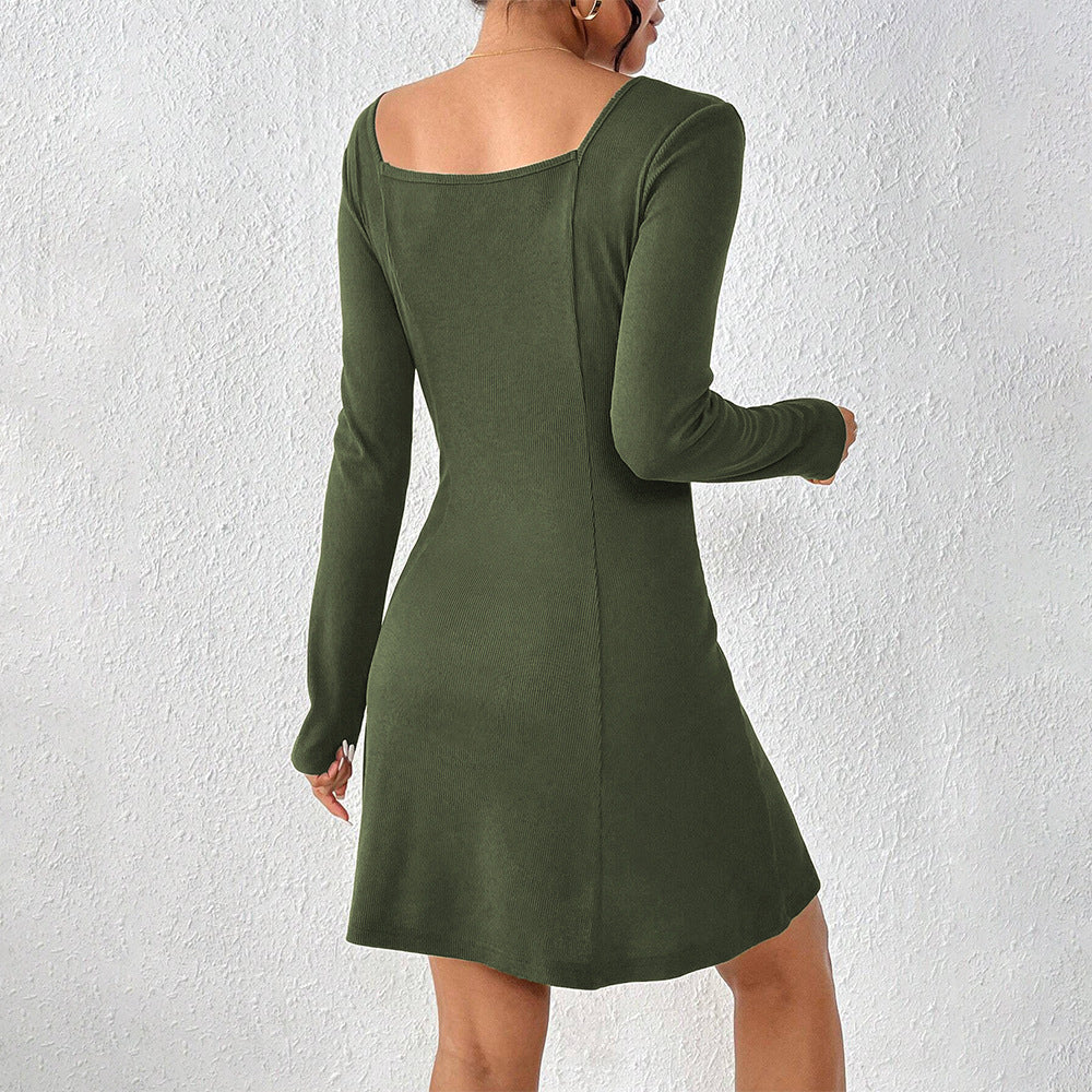 Damen ausgestelltes Strick‑Korsagenkleid mit durchgehender Knopfleiste, Square‑Neck und figurformenden Teilungsnähten Drune