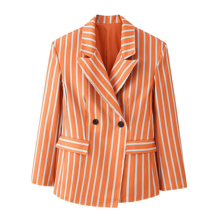 Damen Doppelreihiger Streifenblazer mit markantem Revers und Pattentaschen Drune
