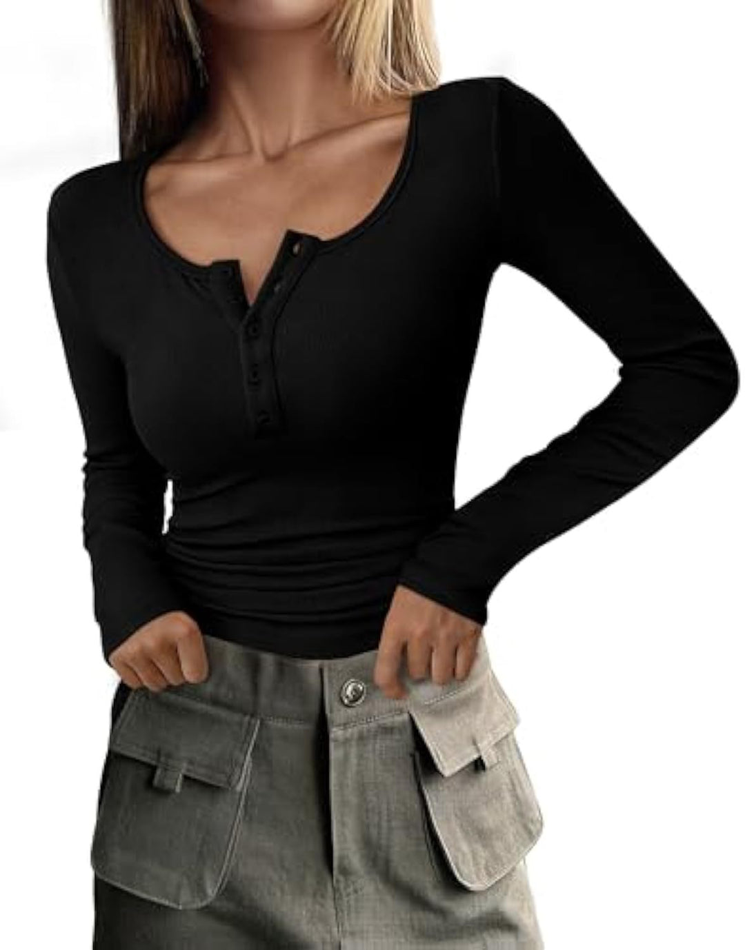 Damen Langärmeliges Rippshirt mit Henley-Knopfleiste und taillierter Passform Drune