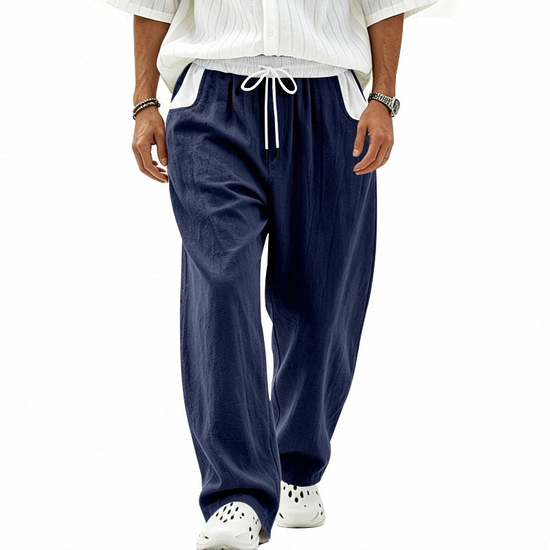 Herren Locker sitzende Leinen-Mischstoff Freizeithose mit Elastischem Tunnelzug und Seitentaschen Drune
