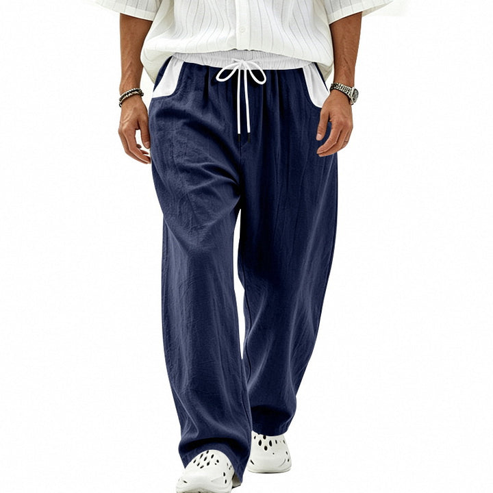 Herren Locker sitzende Leinen-Mischstoff Freizeithose mit Elastischem Tunnelzug und Seitentaschen Drune