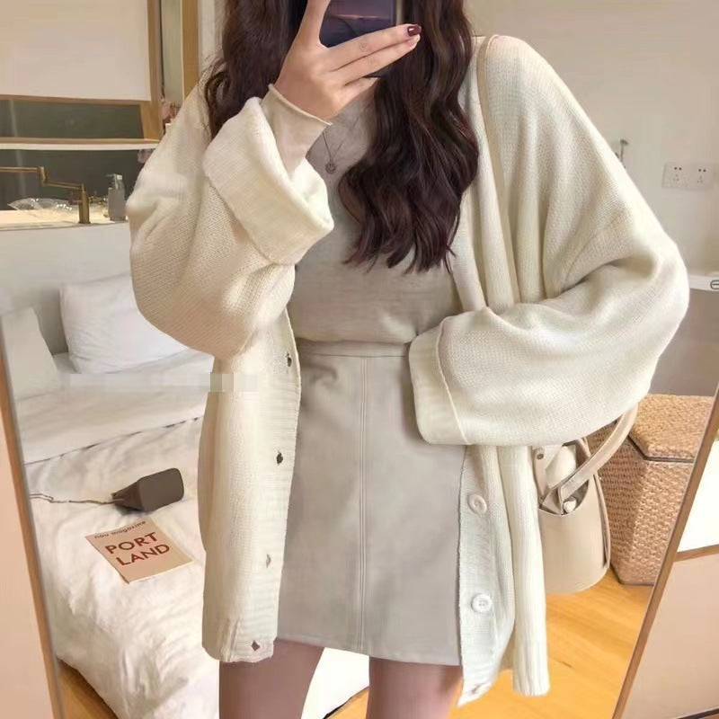 Damen lässiger Strickcardigan mit voluminösen Ärmeln und Knopfleiste Drune