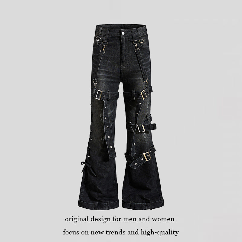 Damen Bondage-Flared-Jeans mit dekorativen Schnallen, Riemen und Used-Look Drune
