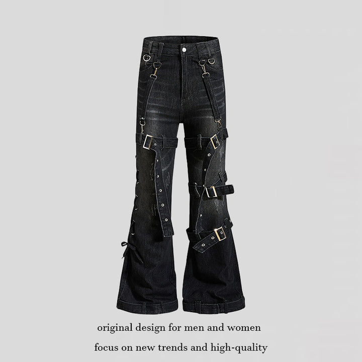 Damen Bondage-Flared-Jeans mit dekorativen Schnallen, Riemen und Used-Look Drune