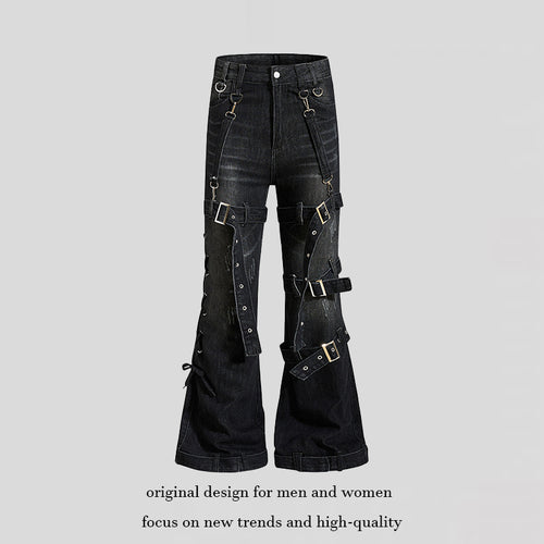 Damen Bondage-Flared-Jeans mit dekorativen Schnallen, Riemen und Used-Look Drune