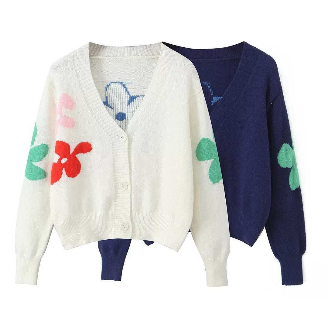 Damen gemütlicher Strickcardigan mit buntem Blumenmuster Drune