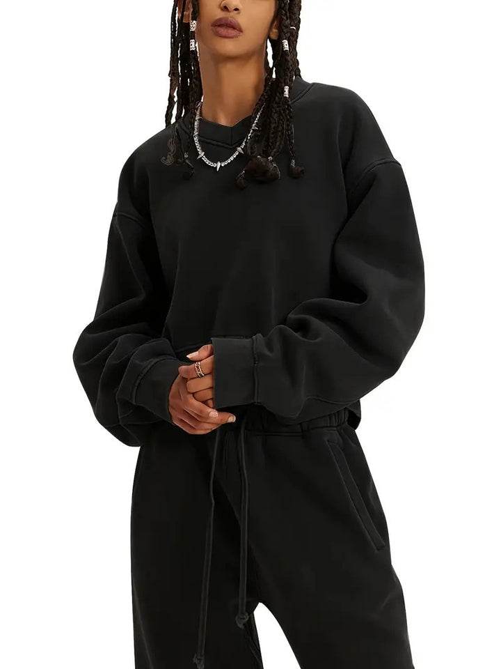 Damen Boxy-Sweatshirt mit überschnittener Schulter, verlängertem Rückenteil und brushed Fleece Drune