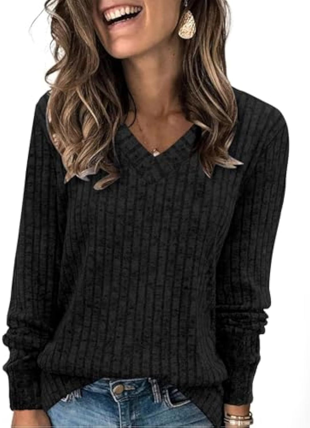 Damen gerippter V‑Ausschnitt Feinstrickpullover mit längerem Arm Drune