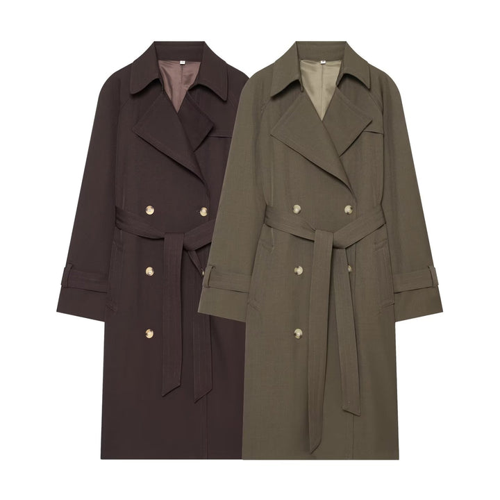 Damen Longline Doppelreihiger Trenchcoat mit Taillengürtel, Ziernähten und Umlegekragen Drune