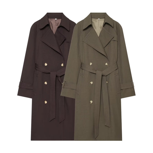 Damen Longline Doppelreihiger Trenchcoat mit Taillengürtel, Ziernähten und Umlegekragen Drune